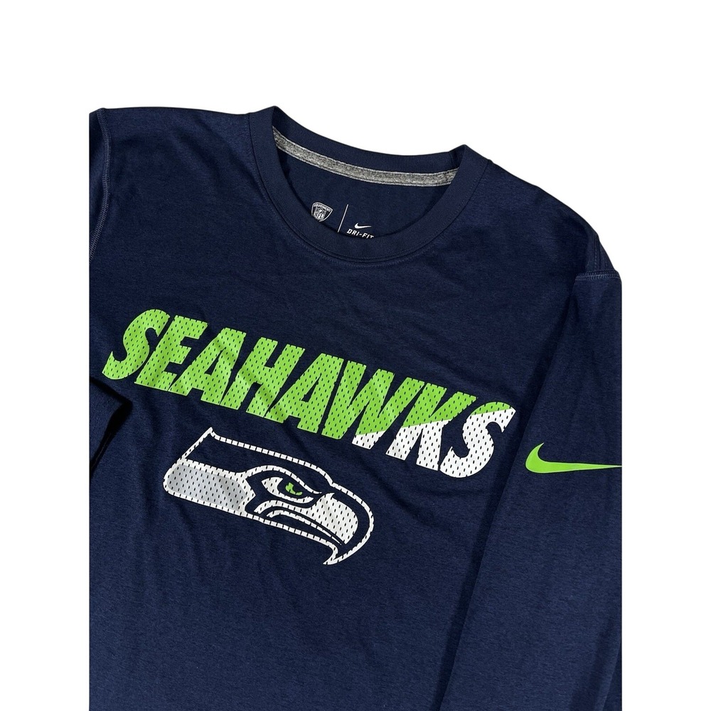 Nike Dri Fit Seattle Seahawks NFL Blue Long Sleeve Graphic T Shirt Men's Medium
